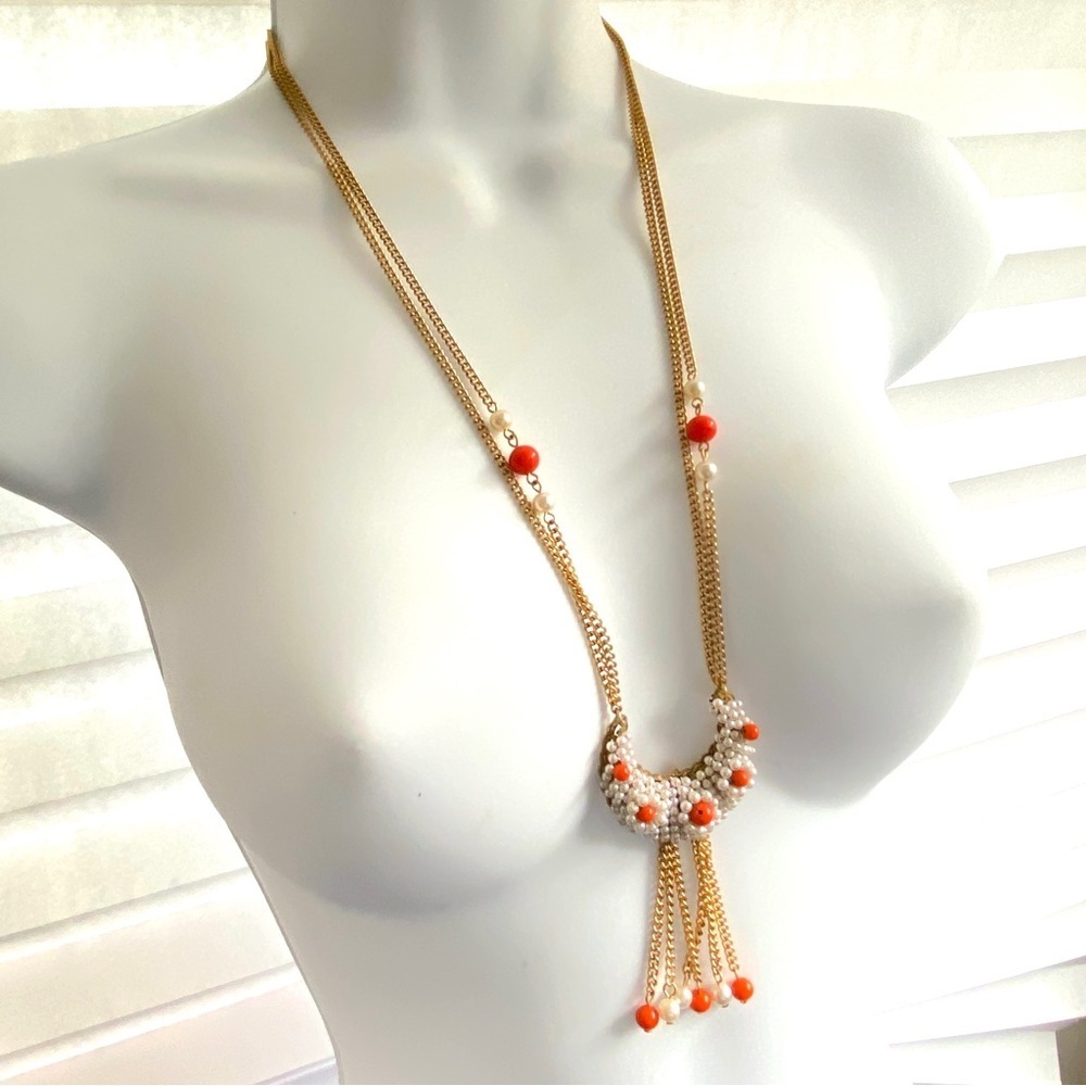 Long Goldtone Faux Pearl and Orange Dangle Necklace